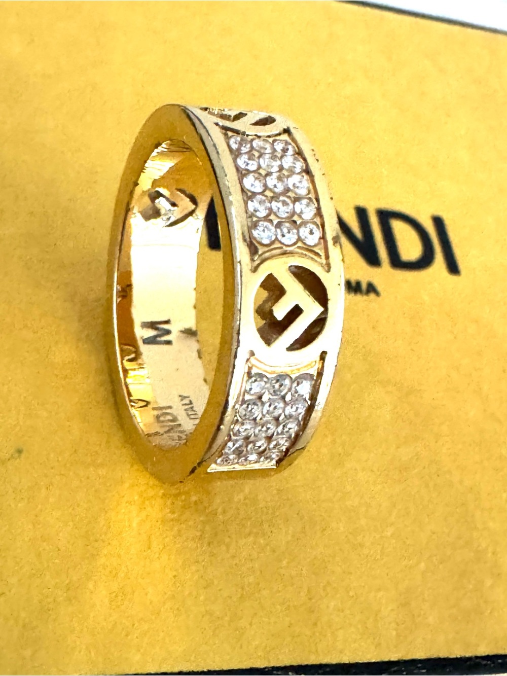 FENDI - FF Crystal Gold Tone Ring Size M Approx US 6.5-7 w Box - Picture 2 of 8